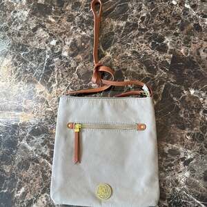 Joy Mangano Grey Crossbody Bag with Tan Trim - Slim Faux Leather Purse